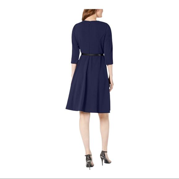 CALVIN KLEIN Navy 3/4 Sleeve Crew Neck Above The Knee Dress - Picture 2 of 9